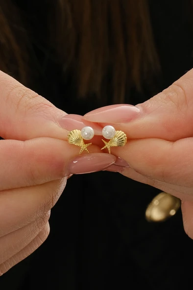 Gümüş altın yaldızlı incili okyanus esintisi istiridye küpe SGTL12828GOLD