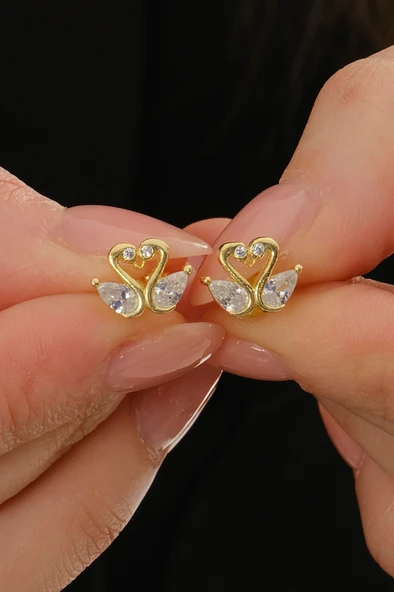Gümüş altın yaldızlı damla kesim zirkon taşlı aşık kuğular küpe SGTL12839GOLD