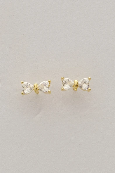 Gümüş altın yaldızlı kalp kesim zirkon taşlı fiyonk küpe SGTL12840GOLD - Resim 4