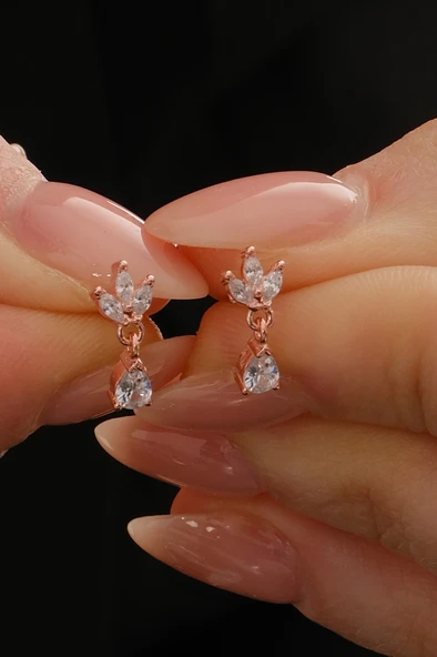 Gümüş rose zirkon taşlı damla sallantılı lotus küpe SGTL12836ROSE