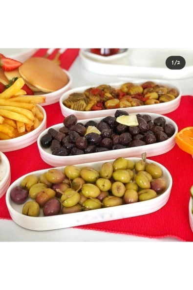 3 Lü Seramik Oval Kahvaltı Tabağı Masa Ortası Meze Tabağı, Sunumluk 20*9 - 2
