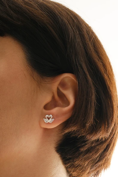 Gümüş rodyumlu damla kesim zirkon taşlı aşık kuğular küpe SGTL12839RODAJ - Resim 2