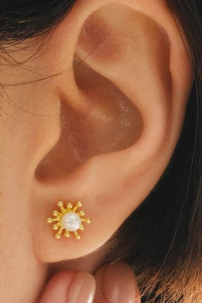 Gümüş altın yadızlı incili tomurcuk küpe SGTL12841GOLD - Resim 2