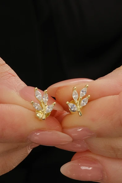 Gümüş altın yaldızlı markız kesim zirkon taşlı yaprak küpe SGTL12837GOLD