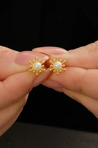 Gümüş altın yadızlı incili tomurcuk küpe SGTL12841GOLD