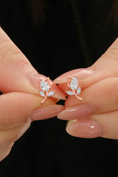 Gümüş rose damla kesim zirkon taşlı lale küpe SGTL12834ROSE ürün görseli