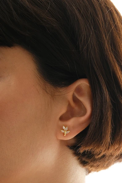 Gümüş altın yaldızlı markız kesim zirkon taşlı yaprak küpe SGTL12837GOLD - Resim 2