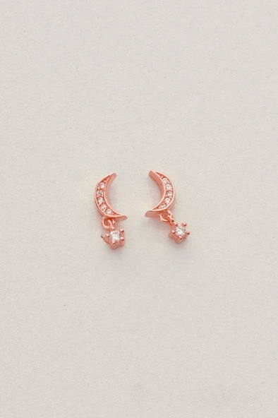 Gümüş rose zirkon taşlı sallantılı ay yıldız küpe SGTL12831ROSE - Resim 4