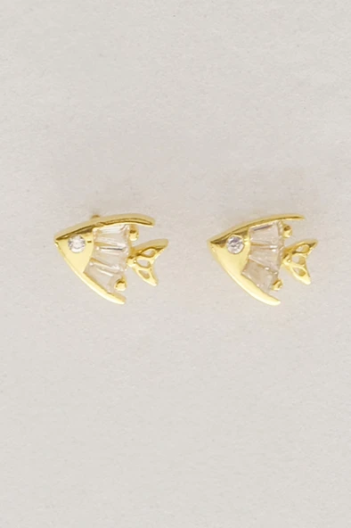 Gümüş altın yaldızlı baget kesim zirkon taşlı balık modeli küpe SGTL12826GOLD - Resim 4