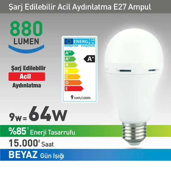 NextLed YE-E27-9WB 9 Watt Pilli Beyaz Şarjlı Ampul Led ürün görseli