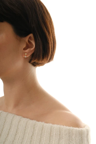 Gümüş altın yaldızlı zirkon taşlı damla sallantılı lotus küpe SGTL12836GOLD - Resim 3