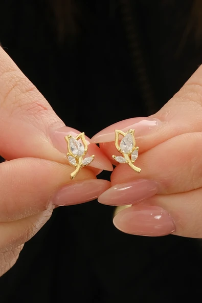 Gümüş altın yaldızlı damla kesim zirkon taşlı lale küpe SGTL12834GOLD ürün görseli