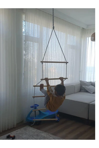 Trapez Ahşap Merdiven 8mm İp 100kg Taşır Set Çocuk Tırmanma Jimnastik Gelişim Salıncağı 6 basamak - 4