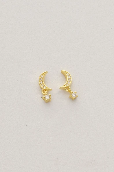 Gümüş altın yaldızlı zirkon taşlı sallantılı ay yıldız küpe SGTL12831GOLD - Resim 4