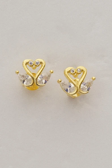 Gümüş altın yaldızlı damla kesim zirkon taşlı aşık kuğular küpe SGTL12839GOLD - Resim 3