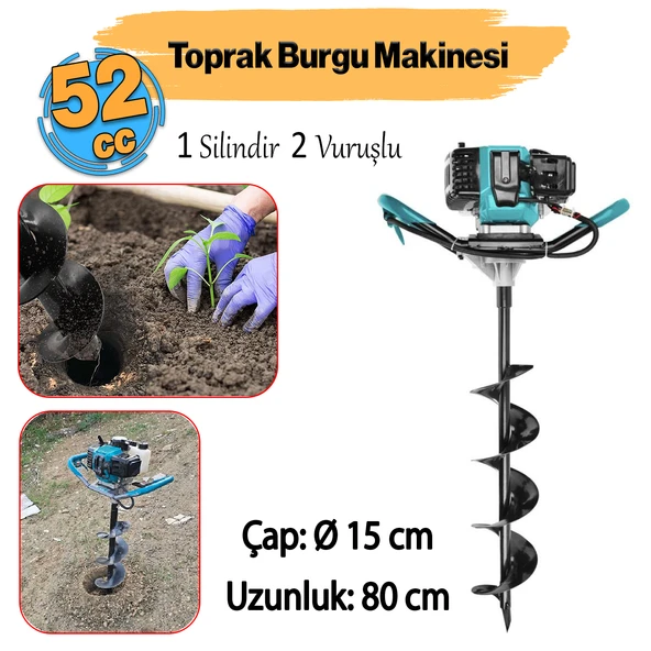 Benzinli Zemin Delme Burgu Makinesi Delik Açma 1.4 KW Fide Dikme Total Toprak Seti 150 mm 800 mm