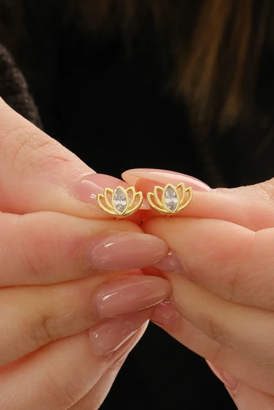 Gümüş altın yaldızlı markiz kesim zirkon taşlı lotus küpe SGTL12833GOLD