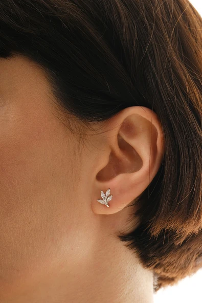 Gümüş rodyumlu markız kesim zirkon taşlı yaprak küpe SGTL12837RODAJ - Resim 2