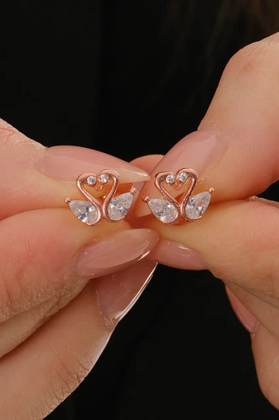 Gümüş rose damla kesim zirkon taşlı aşık kuğular küpe SGTL12839ROSE ürün görseli