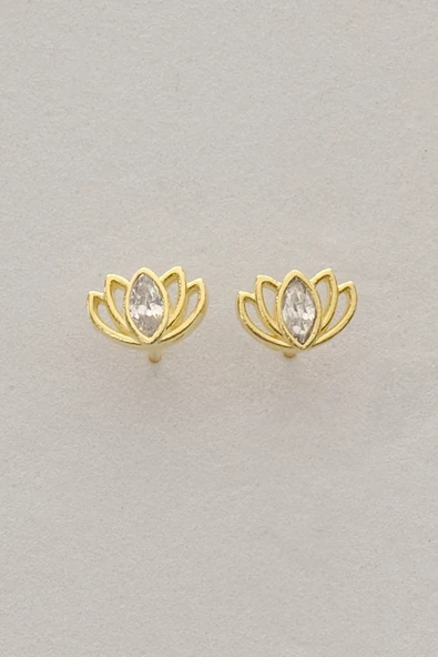 Gümüş altın yaldızlı markiz kesim zirkon taşlı lotus küpe SGTL12833GOLD - 4