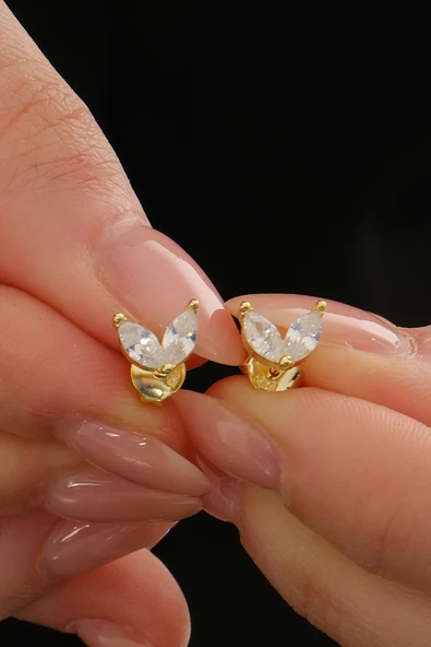 Gümüş altın yaldızlı markız kesim zirkon taşlı buz çiçeği küpe SGTL12838GOLD