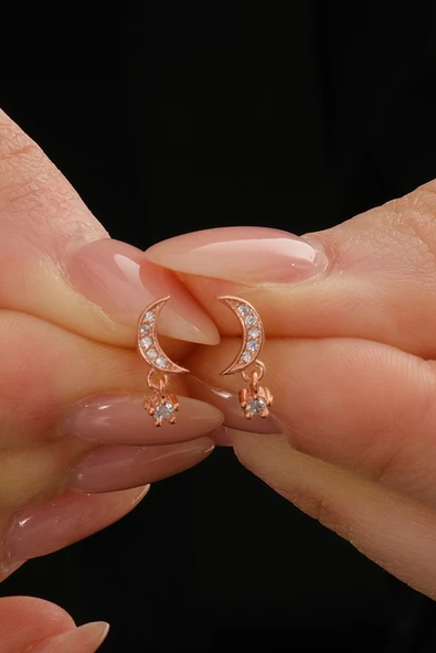 Gümüş rose zirkon taşlı sallantılı ay yıldız küpe SGTL12831ROSE