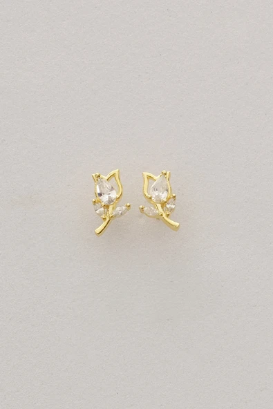 Gümüş altın yaldızlı damla kesim zirkon taşlı lale küpe SGTL12834GOLD - Resim 4