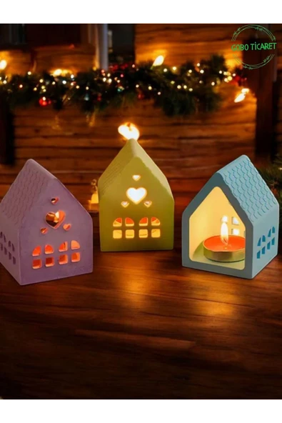 Mum Hediyeli 3'lü Renkli Ev Mumluk Seti – Dekoratif Loş Aydınlatma & Şık Dekor (5,5 cm x 7,6 cm) - 2