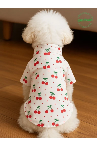 Kiraz Desenli Kırmızı Kurdeleli Gömlek Kedi Köpek Kıyafeti Elbisesi Medium/M/Beden 2 - 4