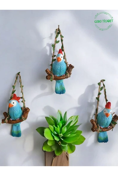 GoboTicaret 3 Adet Dekoratif Sallanan Duvar ve Bahçe Süsü Kuş Biblo Farklı Renk Seçenekleri 13*9 cm