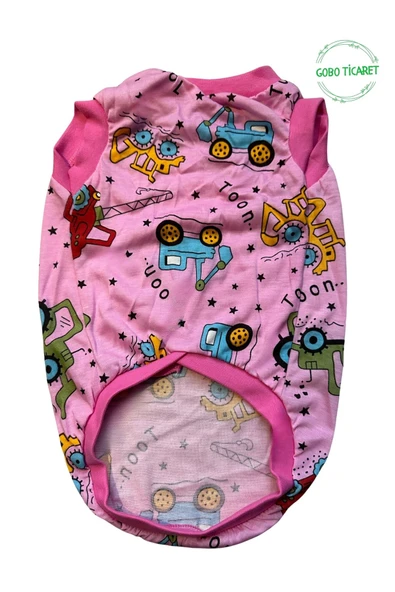 İş Makinası Desenli Pembe Kedi Köpek Kıyafeti Elbisesi Pembe Kollu