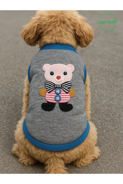 Sevimli Beyaz Ayıcık Aksesuarlı Aplikeli Gri Kedi Köpek Kıyafeti Elbisesi