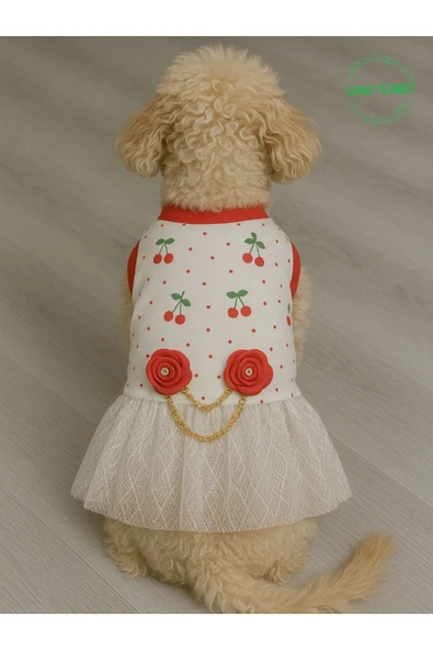 Şirin Kiraz Desenli Gül Aksesuarlı Kedi Köpek Kıyafeti Elbisesi XLARGE/XL/Beden 4 - 2