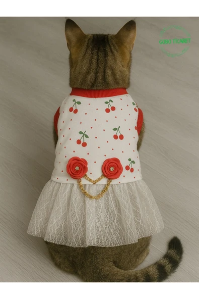 Şirin Kiraz Desenli Gül Aksesuarlı Kedi Köpek Kıyafeti Elbisesi Medium/M/Beden 2