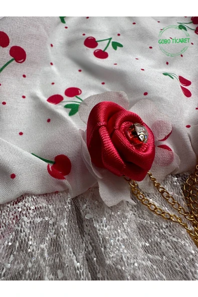 Şirin Kiraz Desenli Gül Aksesuarlı Kedi Köpek Kıyafeti Elbisesi XLARGE/XL/Beden 4 - 7