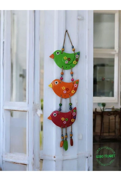 3'lü El Boyaması Dekoratif Kuş Duvar ve Balkon Süsü–Boncuklu & İpli-Farklı Renk Seçenekleri 45x12 cm