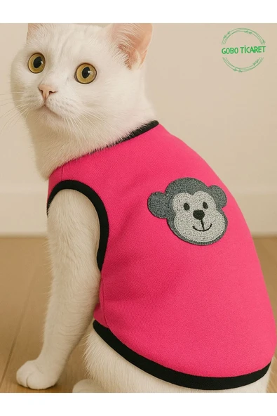 Beyaz Maymun Aksesuarlı Fosforlu Pembe Kedi Köpek Kıyafeti Elbisesi XLARGE/XL/Beden 4