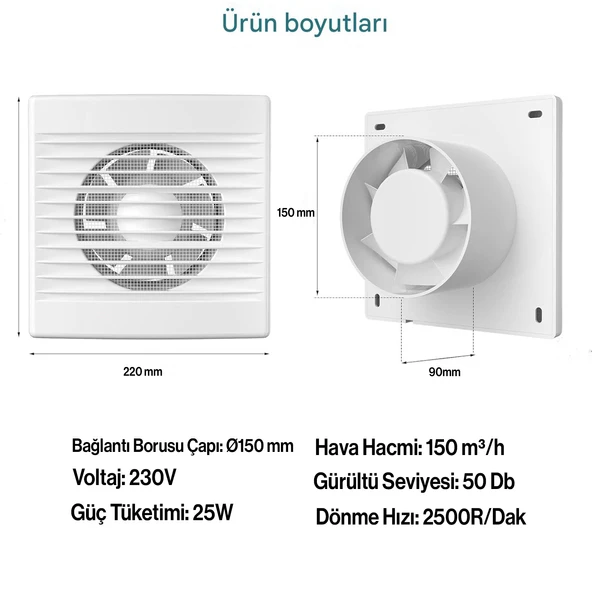 Elektrikli Fan Kirli Hava Kötü Koku Egzoz Aspiratörü Fanı 150 mm Wc Mutfak Büro Banyo Havalandırma - Resim 2