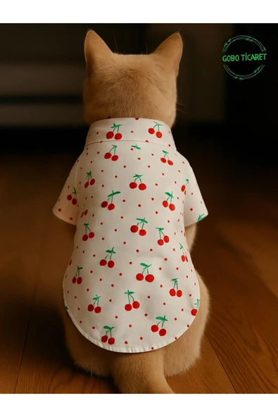 Kiraz Desenli Kırmızı Kurdeleli Gömlek Kedi Köpek Kıyafeti Elbisesi S/SMALL/Beden 1