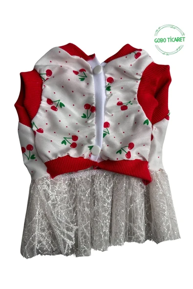 Şirin Kiraz Desenli Gül Aksesuarlı Kedi Köpek Kıyafeti Elbisesi XLARGE/XL/Beden 4 - 4