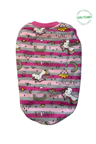 Unicorn Desenli Çizgili Pembe Kedi Köpek Kıyafeti Elbisesi Pembe Kollu - 2