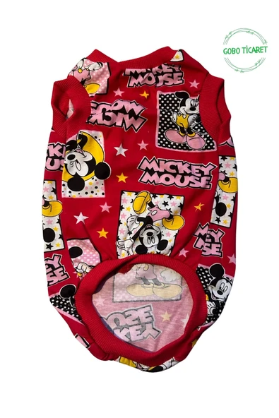 Kırmızı Mickey Mouse Desenli Kedi Köpek Kıyafeti Elbisesi Kırmızı Kollu