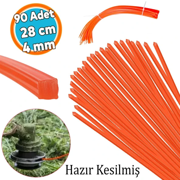 Motorlu Tırpan Kare Misinası 4 mm 90 Adet Çim Ot Biçme Teli Extra Güçlü Profesyonel Hazır 28 cm