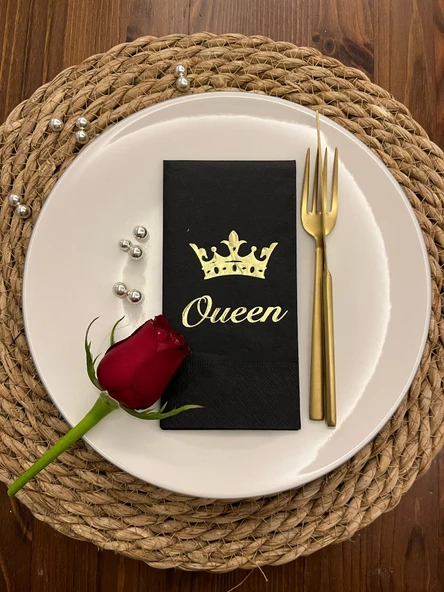 Gold Yaldızlı Siyah Queen Taç Detaylı Peçete 16 Adet