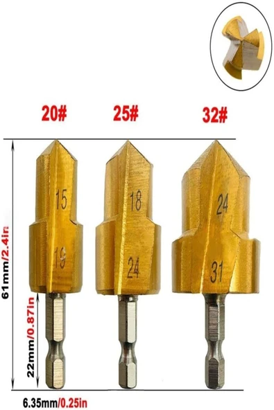 VANCKEY  3 Parça Havşa Matkap Uç Boru Genişletme Raybalama Uç 20-25-32 - 2