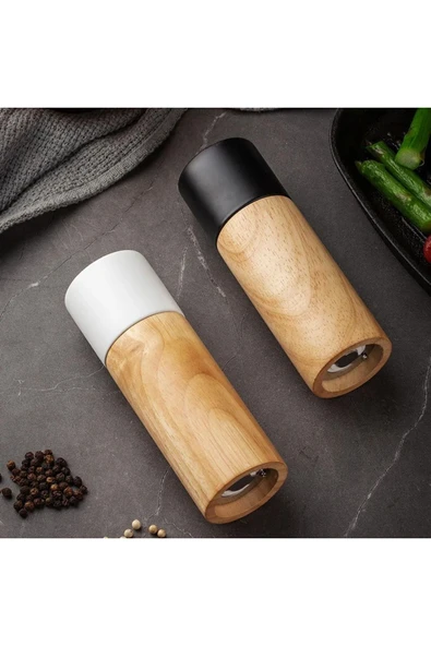 VANCKEY  Ahşap Baharat Karabiber Tuz Öğütücü Değirmen Tuzluk Baharatlık 16 Cm 2'li Set Meşe Ağacı - 3