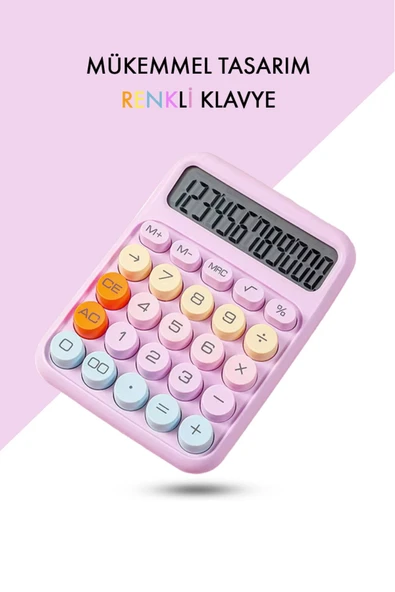 VANCKEY  Renkli Hesap Makinesi - 12 Haneli Yuvarlak Tuşlu Pembe Renk Hesap Makinesi - 4 Fonksiyonlu