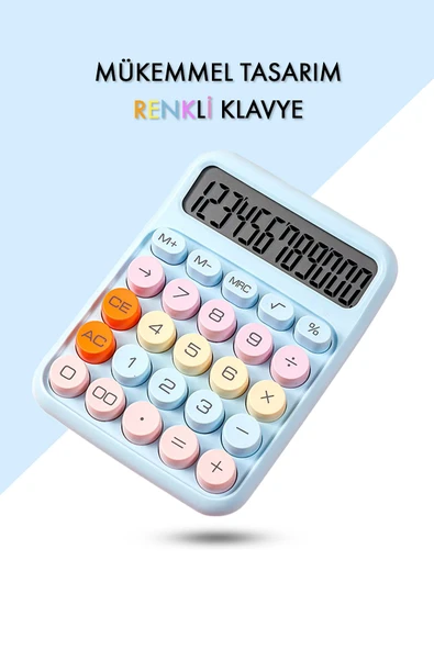 VANCKEY  Renkli Hesap Makinesi - 12 Haneli Yuvarlak Tuşlu Mavi Renk Hesap Makinesi - 4 Fonksiyonlu
