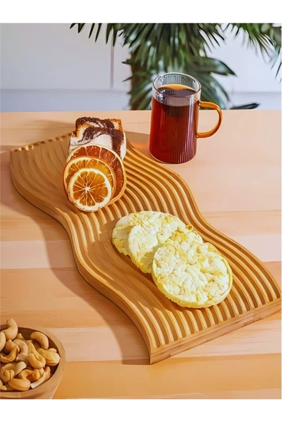 VANCKEY  Ahşap Oymalı Dalgalı Uzun Gökkuşağı Dekoratif Tepsi Sunum Tepsisi Sunumluk