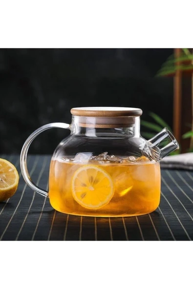 VANCKEY  1000ml Bambu Kapaklı Isıya Dayanıklı Cam Bitki Çayı Demliği Cam Sürahi